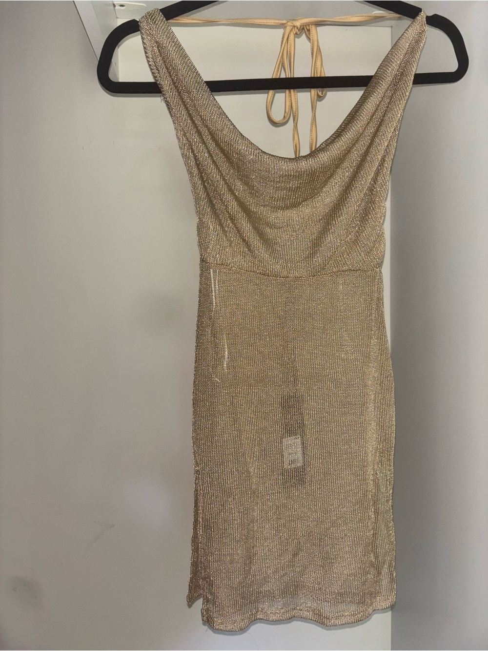 Gold Metallic Knit Cowl Neck Slip Dress XS Halter Party Mini Dress